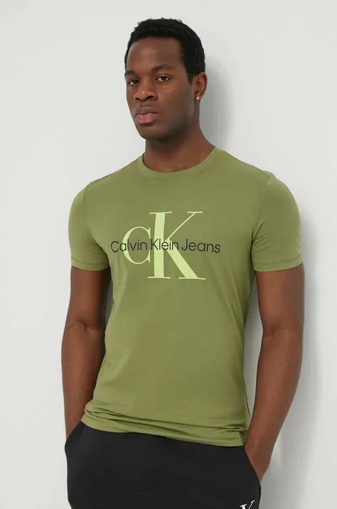 Pamučna majica Calvin Klein Jeans za muškarce, boja: zelena, s tiskom