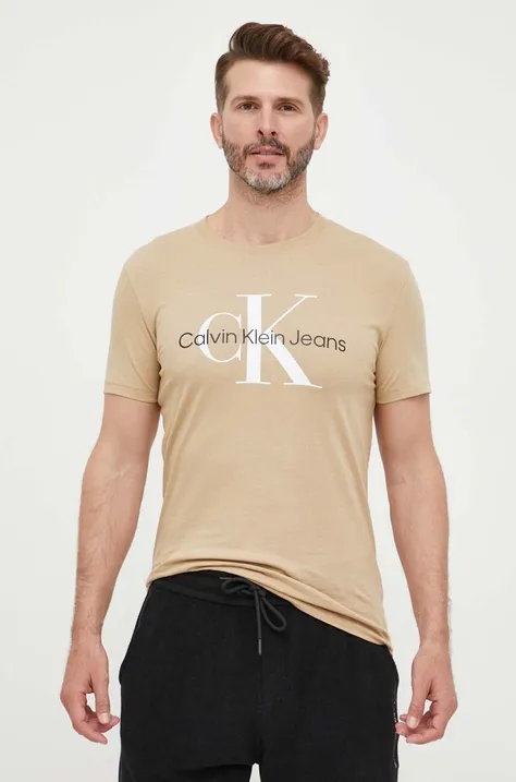 Pamučna majica Calvin Klein Jeans za muškarce, boja: bež, s tiskom