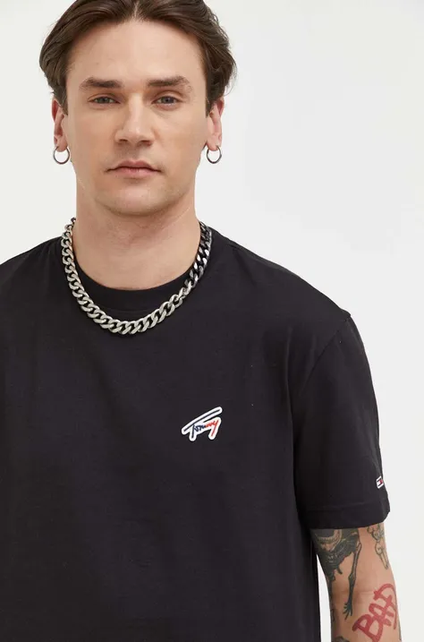 Tommy Jeans t-shirt bawełniany kolor czarny gładki