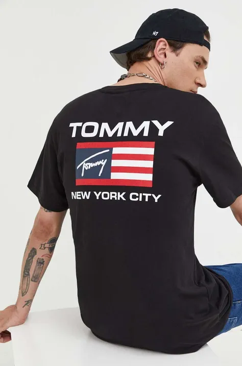 Tommy Jeans t-shirt bawełniany kolor czarny wzorzysty