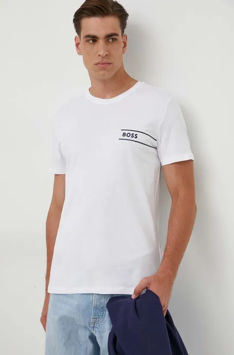 Bavlnené tričko BOSS biela farba, s potlačou