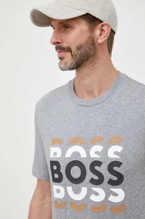 Бавовняна футболка BOSS колір сірий з принтом