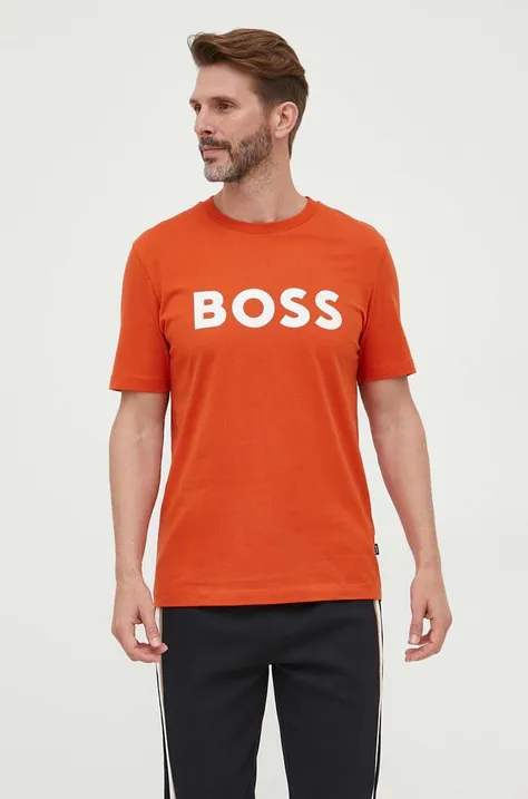 Pamučna majica BOSS boja: narančasta, s tiskom