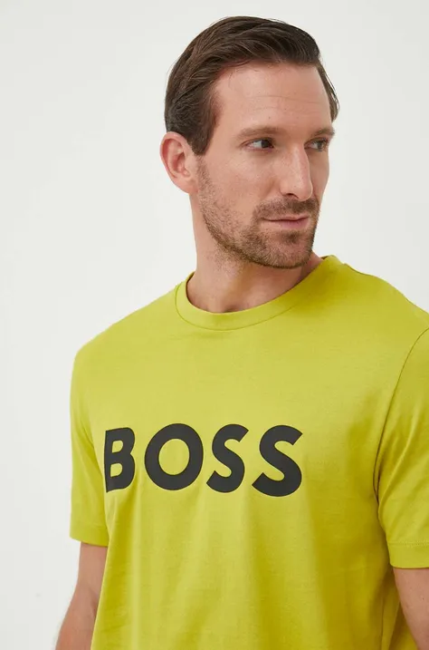 Бавовняна футболка BOSS колір зелений з принтом