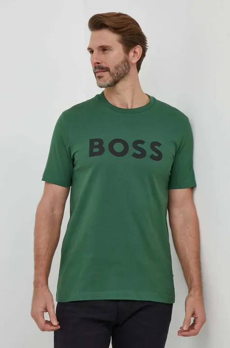 Bavlněné tričko BOSS zelená barva, s potiskem