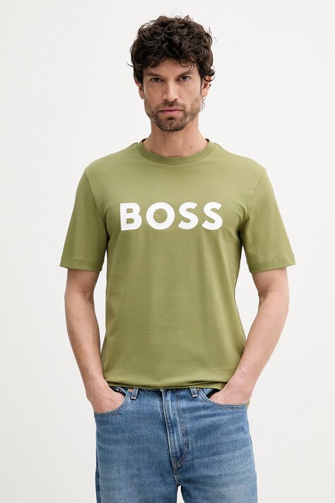 BOSS tricou din bumbac culoarea bej, cu imprimeu