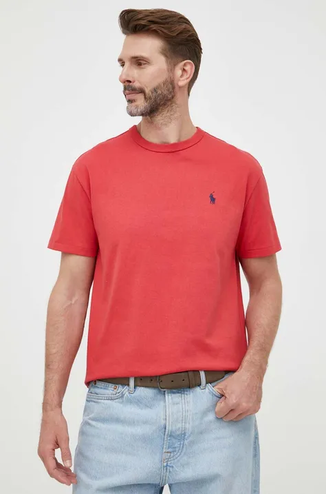 Bavlnené tričko Polo Ralph Lauren červená farba, jednofarebné