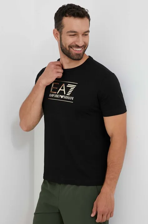 Bavlnené tričko EA7 Emporio Armani čierna farba, s potlačou