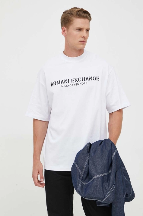 Bombažna kratka majica Armani Exchange bela barva