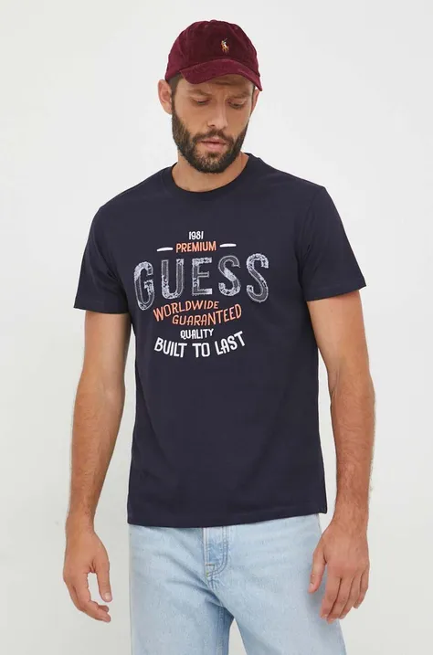 Βαμβακερό μπλουζάκι Guess χρώμα: ναυτικό μπλε