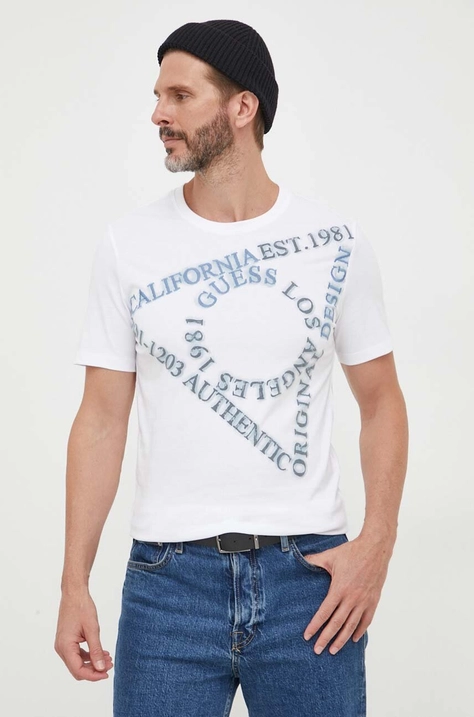 Guess tricou din bumbac culoarea alb, cu imprimeu