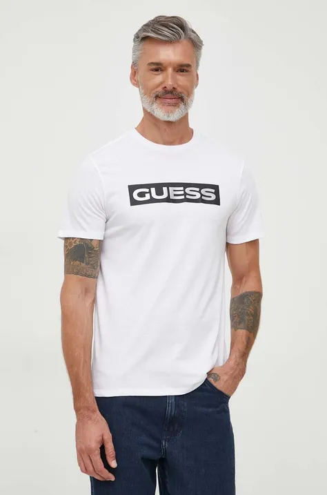 Bavlnené tričko Guess pánsky, biela farba, s potlačou