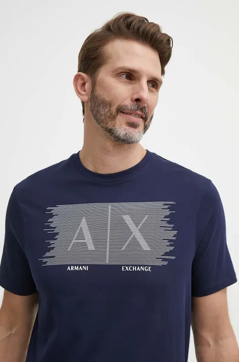 Памучна тениска Armani Exchange в тъмносиньо с принт