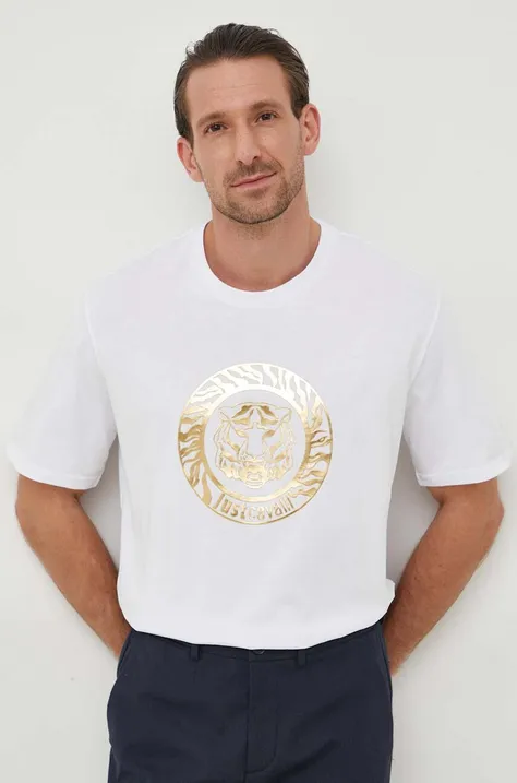 Pamučna majica Just Cavalli za muškarce, boja: bijela, s tiskom