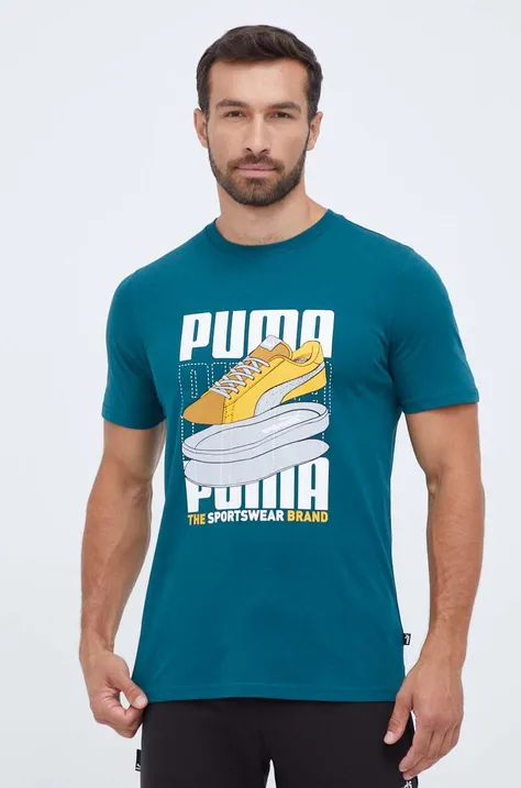 Bavlnené tričko Puma zelená farba, s potlačou