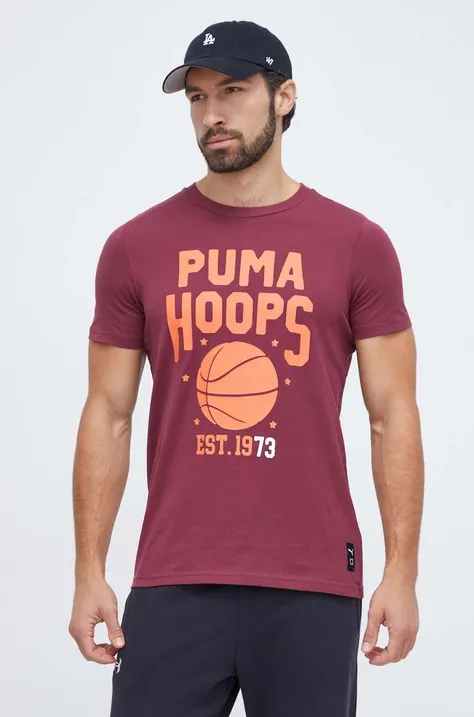 Bavlněné tričko Puma vínová barva, s potiskem