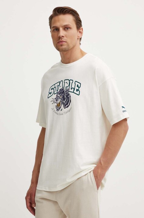 Puma t-shirt bawełniany PUMA X STAPLE męski kolor beżowy z nadrukiem
