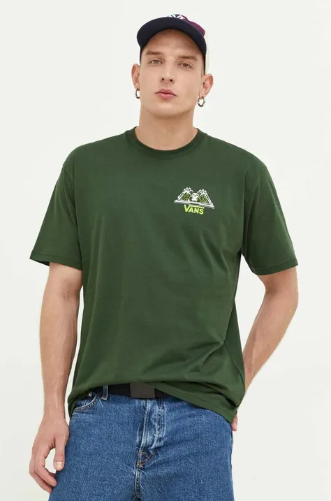 Bombažna kratka majica Vans zelena barva