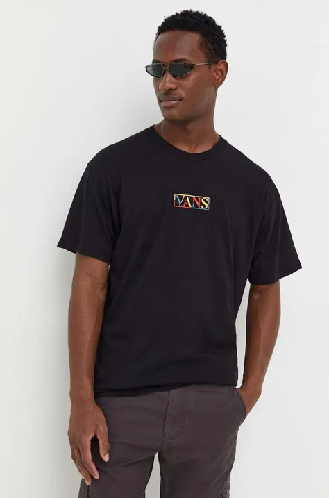 Bavlnené tričko Vans čierna farba, s nášivkou