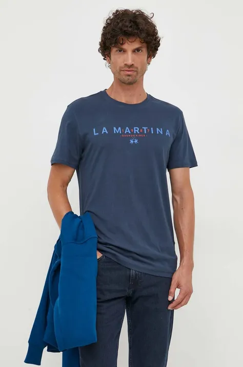 Bombažna kratka majica La Martina mornarsko modra barva