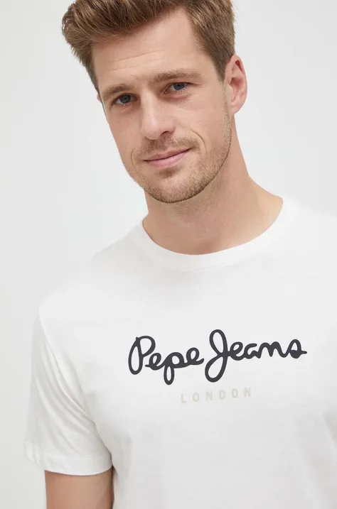 Pepe Jeans t-shirt bawełniany Eggo kolor beżowy z nadrukiem