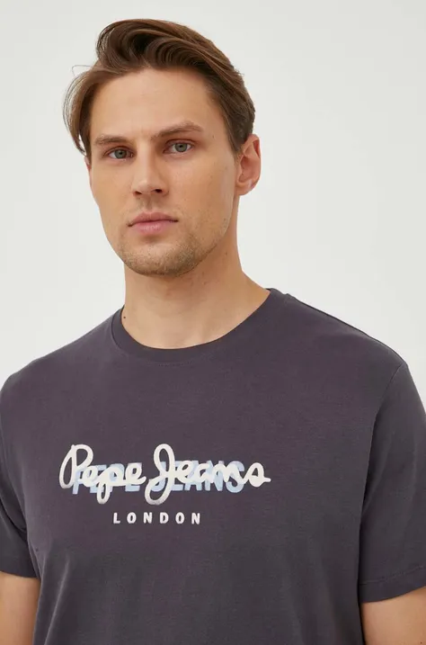 Хлопковая футболка Pepe Jeans Keegan мужская цвет серый с принтом