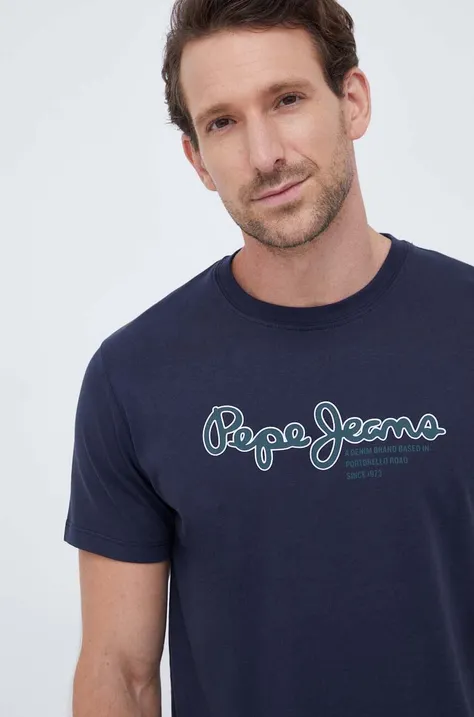 Хлопковая футболка Pepe Jeans Wido цвет синий с принтом