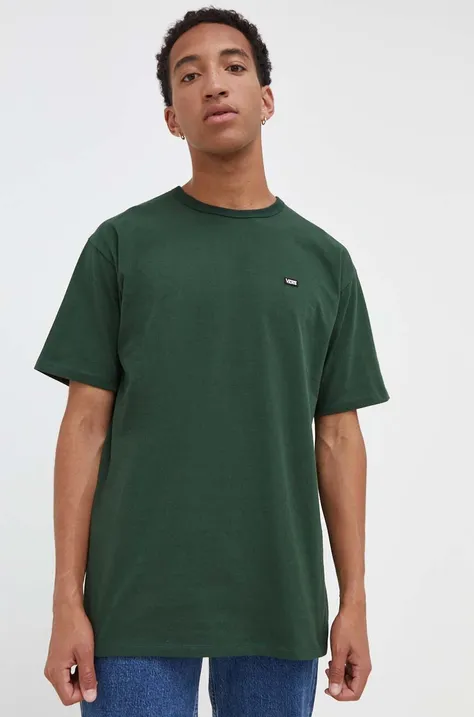 Bavlnené tričko Vans zelená farba, jednofarebný