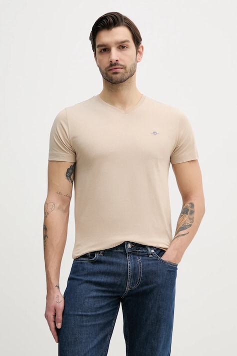 Хлопковая футболка Gant мужской цвет бежевый однотонный