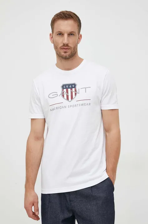 Bavlněné tričko Gant bílá barva, s potiskem