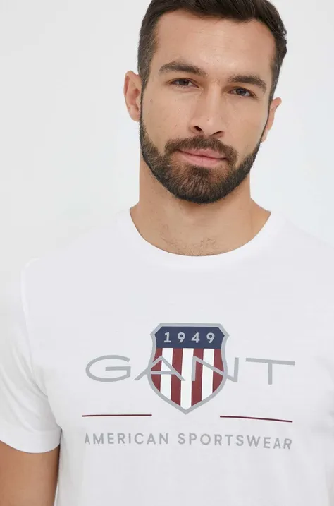 Памучна тениска Gant в бяло с принт
