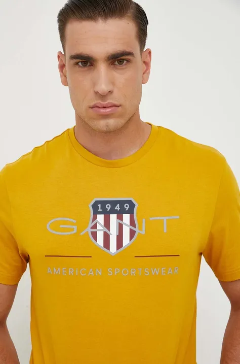Памучна тениска Gant в жълто с принт