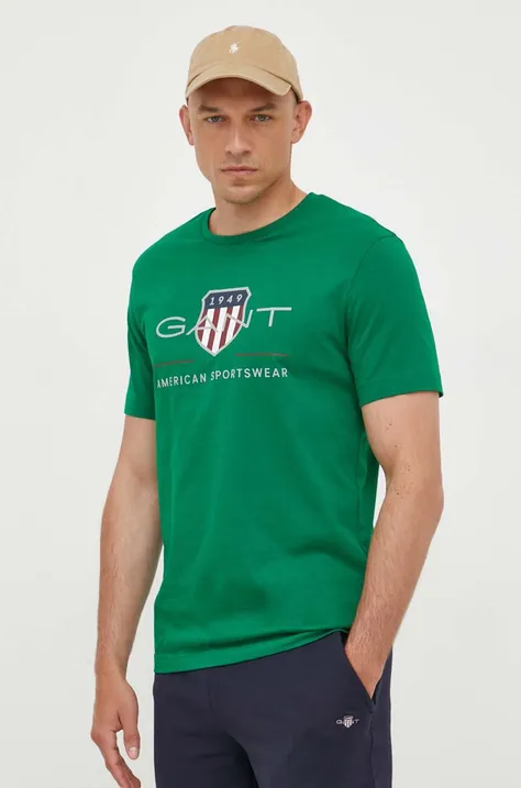 Bavlnené tričko Gant zelená farba, s potlačou