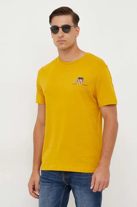 Bavlnené tričko Gant žltá farba, s nášivkou