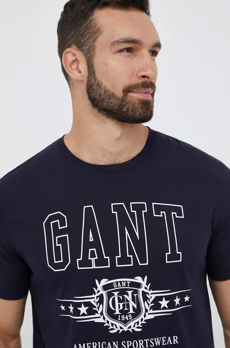 Pamučna majica Gant boja: tamno plava, s tiskom