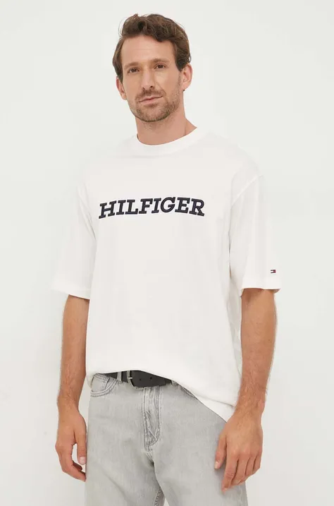 Bavlnené tričko Tommy Hilfiger béžová farba, s nášivkou
