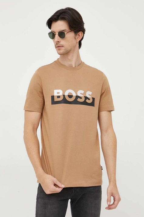 BOSS t-shirt bawełniany kolor beżowy z nadrukiem