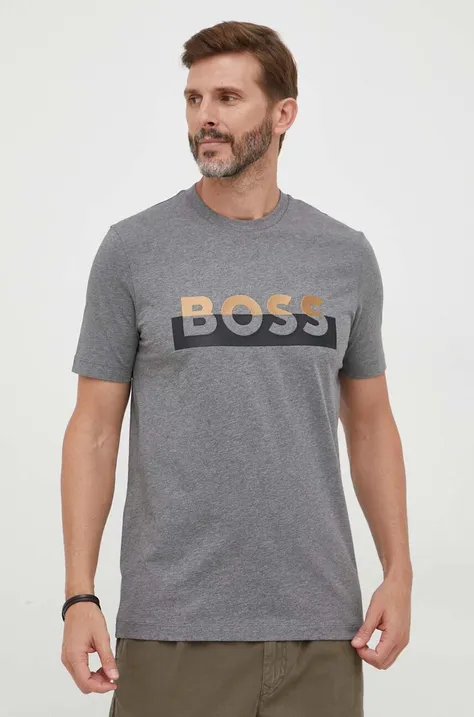 Bavlnené tričko BOSS šedá farba, s potlačou