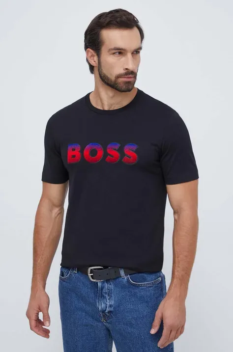 BOSS t-shirt bawełniany męski kolor czarny z aplikacją