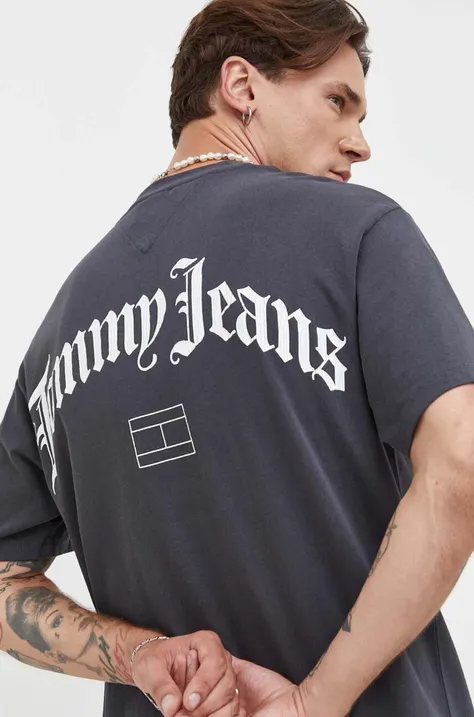 Bavlnené tričko Tommy Jeans šedá farba, s potlačou