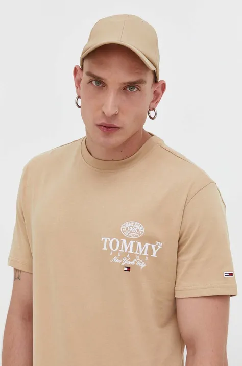 Bavlnené tričko Tommy Jeans béžová farba, s nášivkou