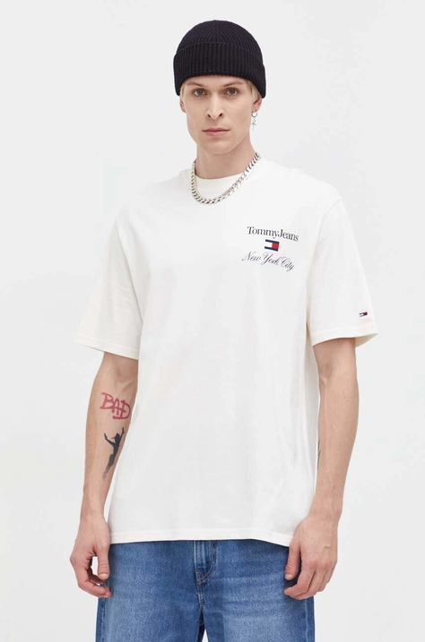 Tommy Jeans t-shirt bawełniany kolor beżowy z aplikacją