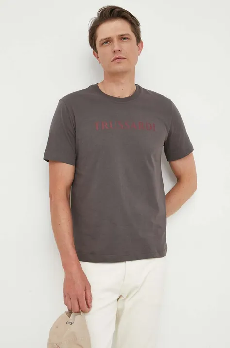 Bombažna kratka majica Trussardi siva barva