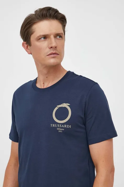 Бавовняна футболка Trussardi колір синій з принтом