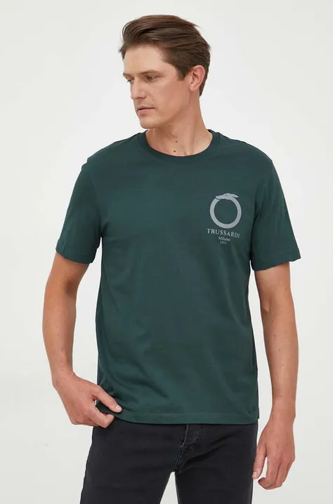 Bombažna kratka majica Trussardi zelena barva