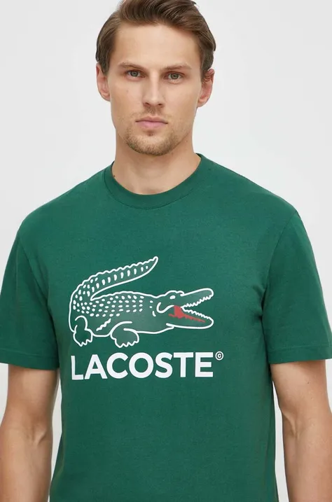Bavlnené tričko Lacoste zelená farba, s potlačou