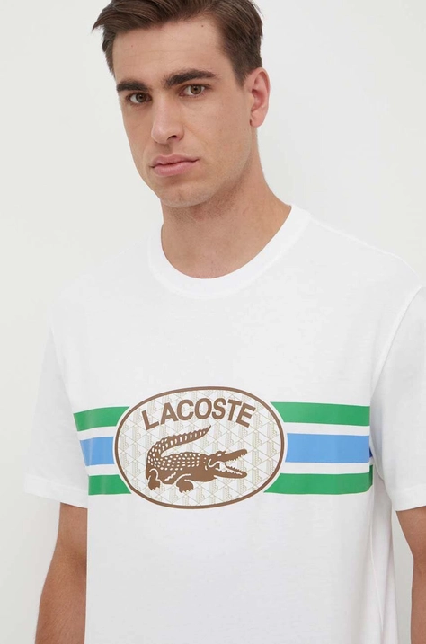 Lacoste tricou din bumbac culoarea alb, cu imprimeu