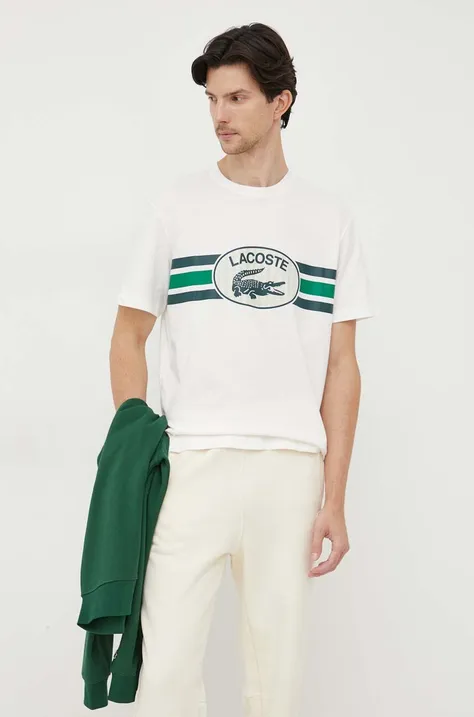 Bavlnené tričko Lacoste béžová farba, s potlačou