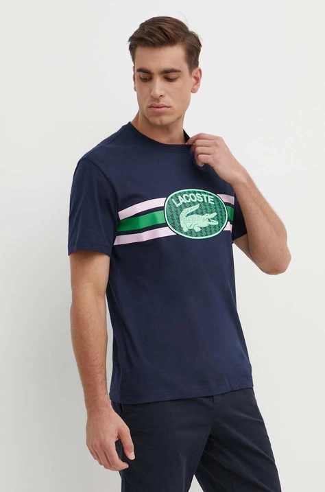 Lacoste t-shirt bawełniany kolor granatowy z nadrukiem