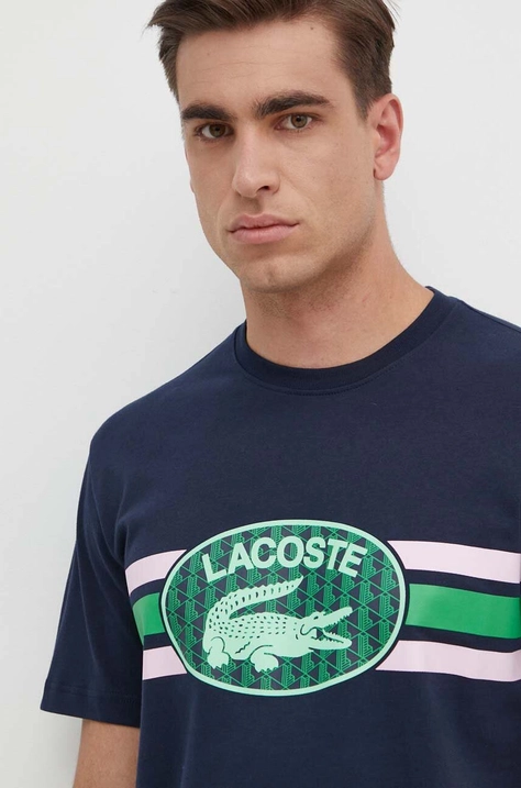 Lacoste t-shirt bawełniany kolor granatowy z nadrukiem